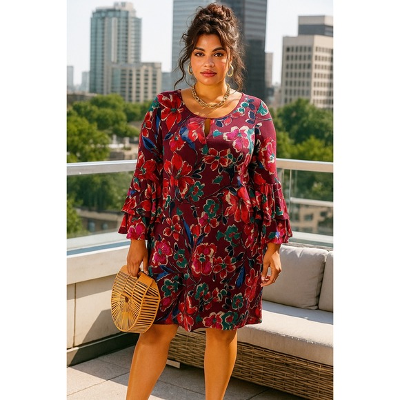Roz‎ & Ali Midi Dress Woman 1X Floral Print Bell Sleeve Burgundy Wedding Church - Picture 1 of 9